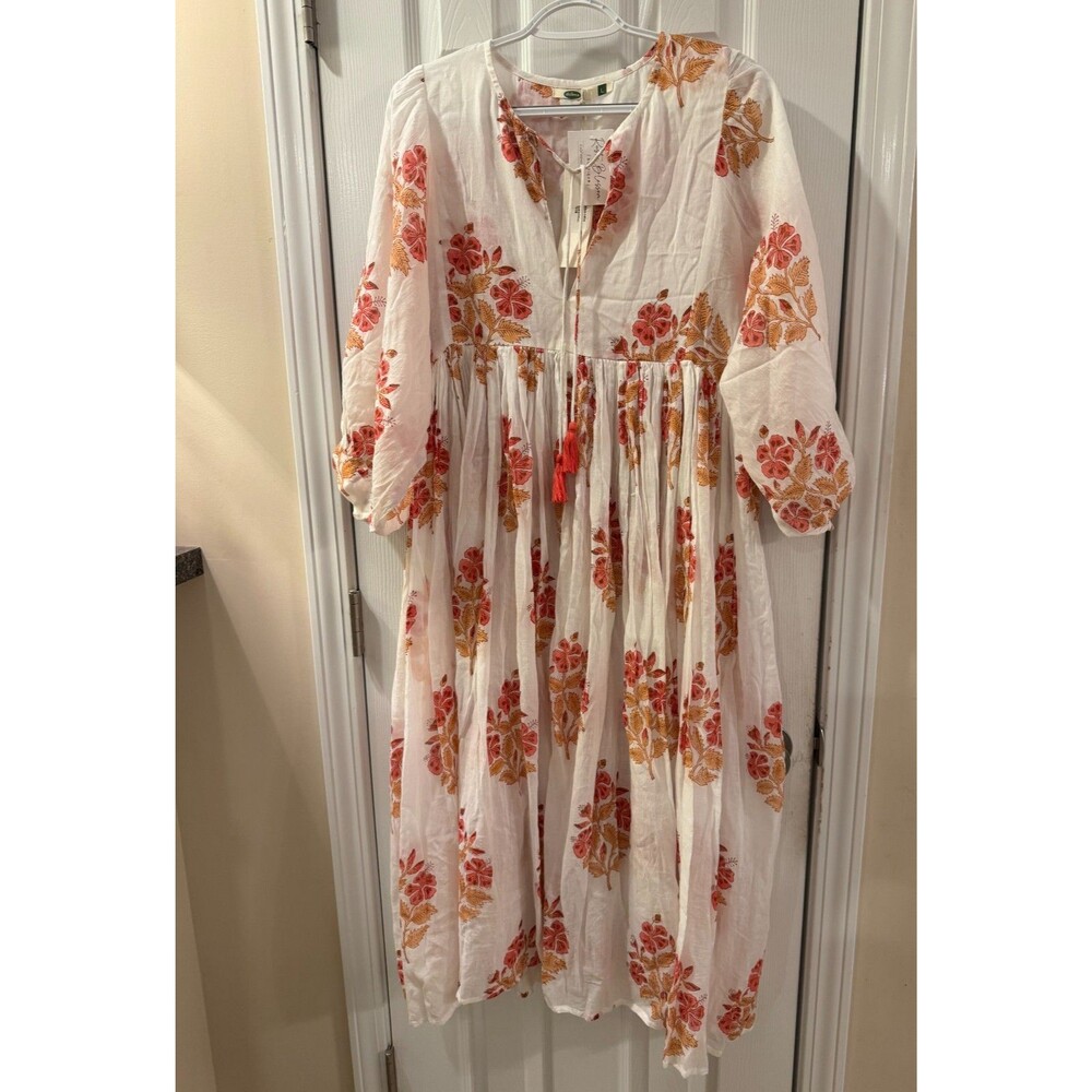 Dolma White Coral Floral Mylah Midi Dress Boho Cotton Hand Printed Sz L NWT - Picture 2 of 15